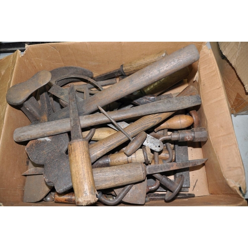 1376 - TWO BOXES OF WOODWORKING TOOLS to include planes, saw blades, wire brushes, chisels etc and a foldin... 