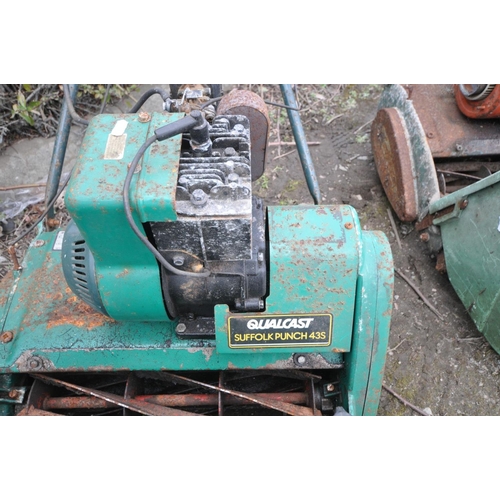 1234 - THREE VINTAGE PETROL LAWN MOWERS, to include a Qualcast Suffolk Punch 43s with grass box (engine pul... 