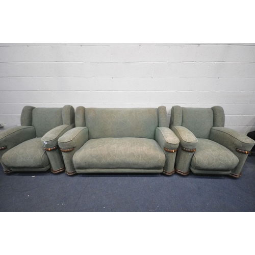 1671 - AN ART DECO THREE PIECE LOUNGE SUITE, with its original veined effect green upholstery, comprising a... 