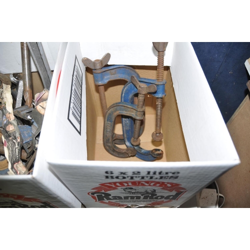 THREE TRAYS CONTAINING HAND TOOLS including three Record G clamps, a