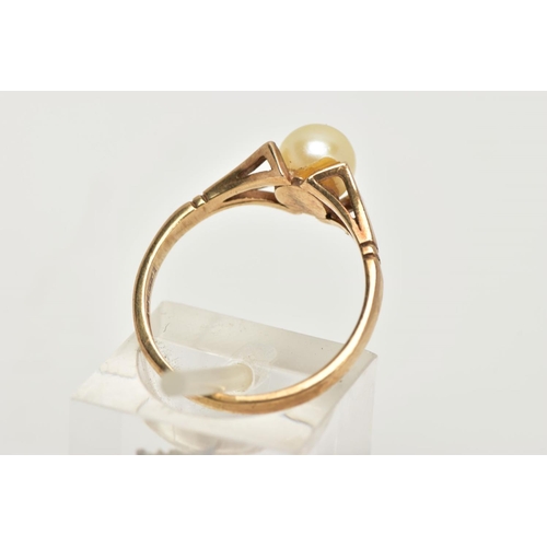 101 - A 9CT GOLD CULTURED PEARL DRESS RING, designed as a single cultured pearl with yellow gold bifurcate... 
