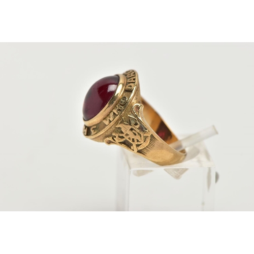 109 - A YELLOW METAL AND GARNET RING, an oval cabochon garnet, set in a yellow metal, signed '3 PARA' 'WHO... 