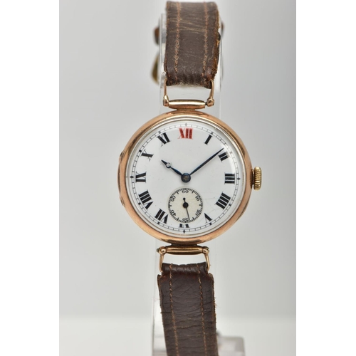 110 - A 9CT GOLD GENTS WRISTWATCH, a hand wound movement, white dial, approximate width 32mm, Roman numera... 