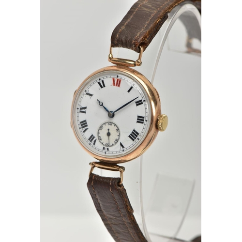 110 - A 9CT GOLD GENTS WRISTWATCH, a hand wound movement, white dial, approximate width 32mm, Roman numera... 
