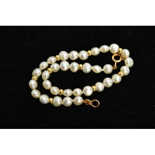 112 - A CULTURED PEARL BRACELET, cultured white button pearls every three pearls interspaced with a yellow... 
