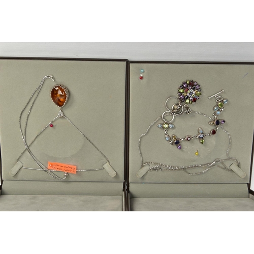 113 - A SILVER GEMSET NECKLACE A WHITE METAL GEMSET NECKLACE, BRACELET AND RING, a multi stone necklace co... 