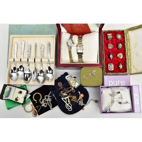 120 - A BOX OF ASSORTED ITEMS, to include a box watch with two ladies fashion wristwatches, a boxed set of... 