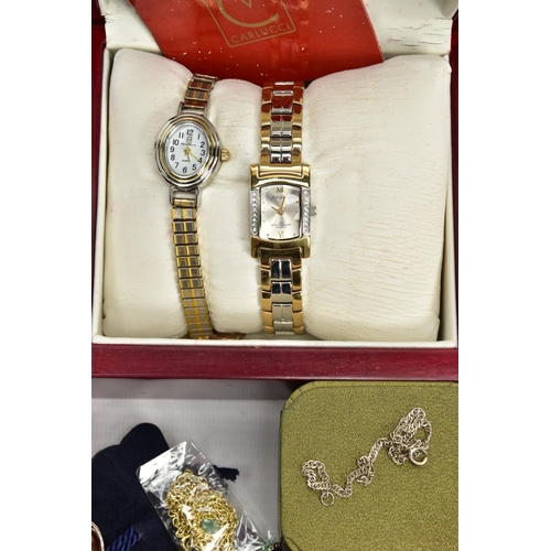 120 - A BOX OF ASSORTED ITEMS, to include a box watch with two ladies fashion wristwatches, a boxed set of... 