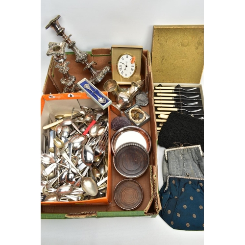 196 - A BOX OF ASSORTED WHITE METAL WARE, to include a pair of silver-plated copper candle sticks, each wi... 