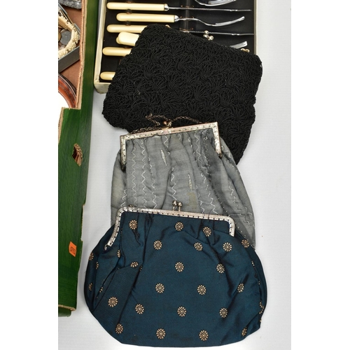 196 - A BOX OF ASSORTED WHITE METAL WARE, to include a pair of silver-plated copper candle sticks, each wi... 