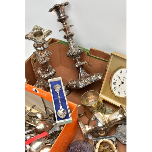 196 - A BOX OF ASSORTED WHITE METAL WARE, to include a pair of silver-plated copper candle sticks, each wi... 