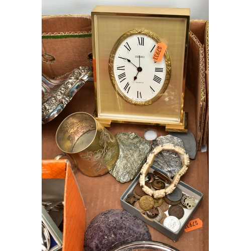 196 - A BOX OF ASSORTED WHITE METAL WARE, to include a pair of silver-plated copper candle sticks, each wi... 