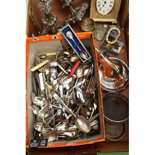 196 - A BOX OF ASSORTED WHITE METAL WARE, to include a pair of silver-plated copper candle sticks, each wi... 