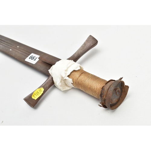 199 - A MEDIEVAL STYLE SWORD, POSSIBLY EUROPEAN IN MANUFACTURE IN THE KASKARAS STYLE, the blade is approxi... 
