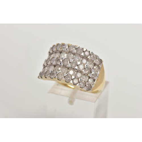 69 - A 9CT GOLD FIVE ROW DIAMOND RING, forty five round brilliant cut diamonds prong set in white gold, e... 