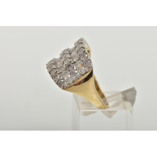 69 - A 9CT GOLD FIVE ROW DIAMOND RING, forty five round brilliant cut diamonds prong set in white gold, e... 