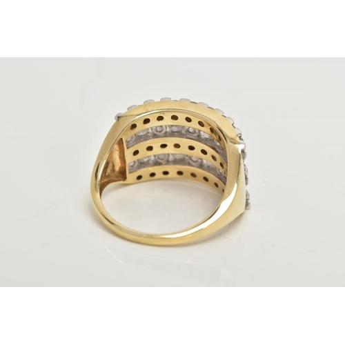 69 - A 9CT GOLD FIVE ROW DIAMOND RING, forty five round brilliant cut diamonds prong set in white gold, e... 