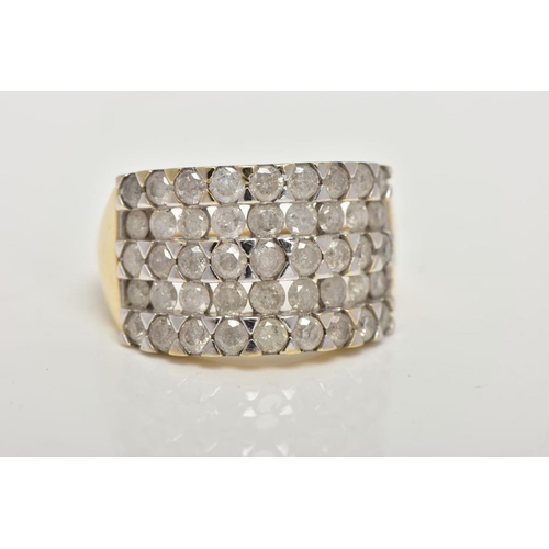 69 - A 9CT GOLD FIVE ROW DIAMOND RING, forty five round brilliant cut diamonds prong set in white gold, e... 