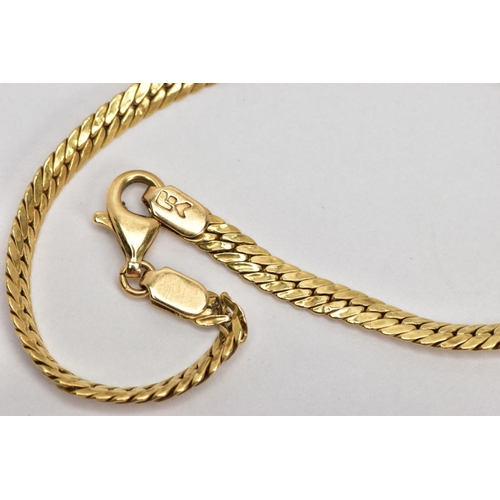 73 - A YELLOW METAL BRACELET, flat herringbone bracelet fitted with a lobster claw clasp, stamped 750, le... 