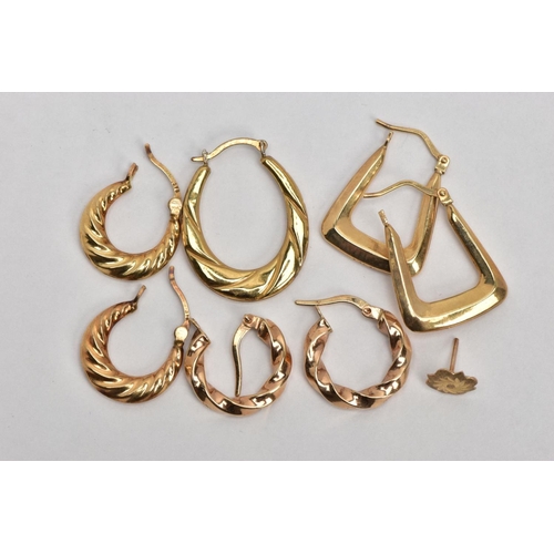 75 - THREE PAIRS OF YELLOW METAL HOOP EARRINGS AND TWO LOOSE EARRINGS, to include a pair of rectangular h... 