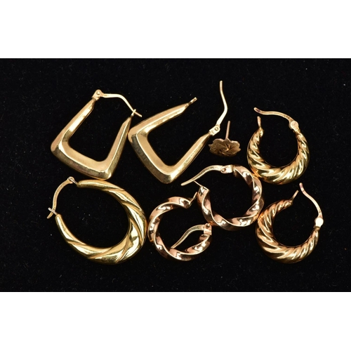 75 - THREE PAIRS OF YELLOW METAL HOOP EARRINGS AND TWO LOOSE EARRINGS, to include a pair of rectangular h... 
