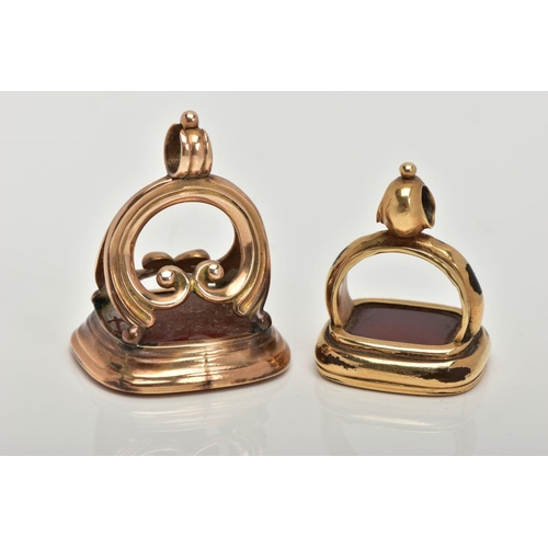 78 - TWO CARNELIAN SEAL FOBS, the first a large rectangular carnelian intaglio detailing an elephant and ... 