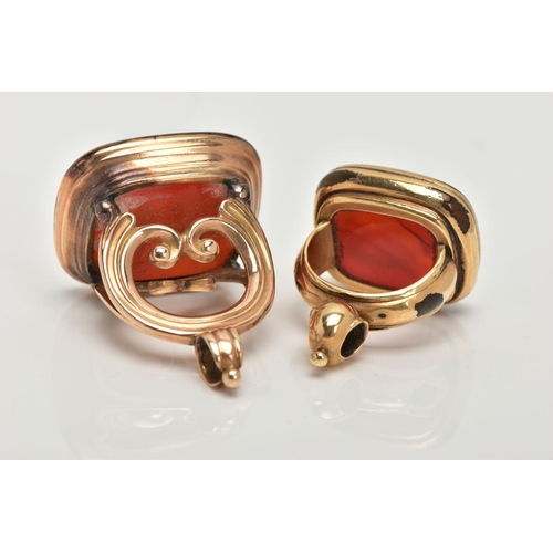 78 - TWO CARNELIAN SEAL FOBS, the first a large rectangular carnelian intaglio detailing an elephant and ... 