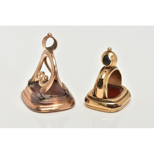 78 - TWO CARNELIAN SEAL FOBS, the first a large rectangular carnelian intaglio detailing an elephant and ... 