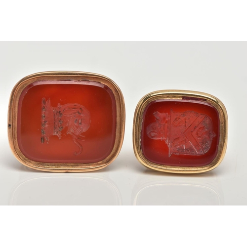 78 - TWO CARNELIAN SEAL FOBS, the first a large rectangular carnelian intaglio detailing an elephant and ... 