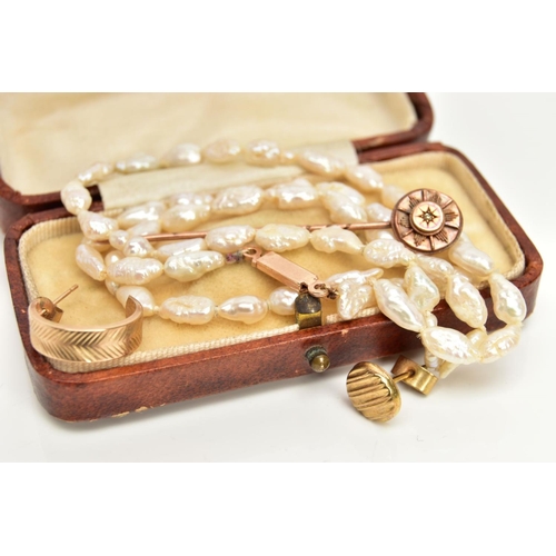 83 - A 9CT GOLD EARRING, YELLOW METAL STICK PIN AND OTHER JEWELLERY ITEMS, a circular stud earring fitted... 