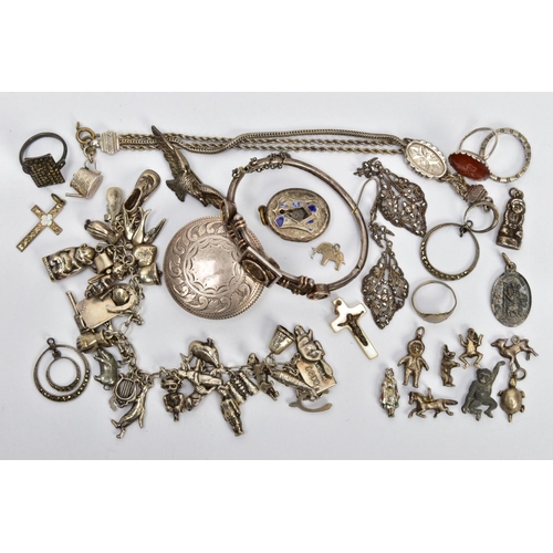 90 - A SILVER PILL BOX AND AN ASSORTMENT OF SILVER AND WHITE METAL JEWELLERY,  a round pill box with engr... 