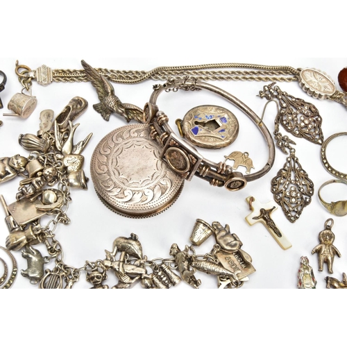 90 - A SILVER PILL BOX AND AN ASSORTMENT OF SILVER AND WHITE METAL JEWELLERY,  a round pill box with engr... 