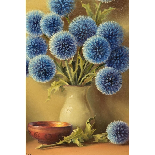 419 - ROBERT CHAILLOUX (FRENCH 1913-2006) 'LES CHARDONS BLEUS / THE BLUE THISTLES', a still life study of ... 