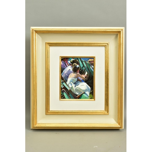 420 - SHERREE VALENTINE DAINES (BRITISH 1959) 'REGATTA AFTERNOON', figures sitting in deckchairs beside th... 