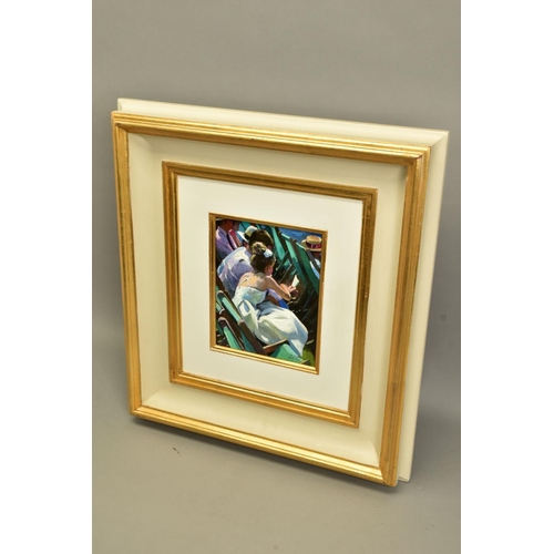 420 - SHERREE VALENTINE DAINES (BRITISH 1959) 'REGATTA AFTERNOON', figures sitting in deckchairs beside th... 