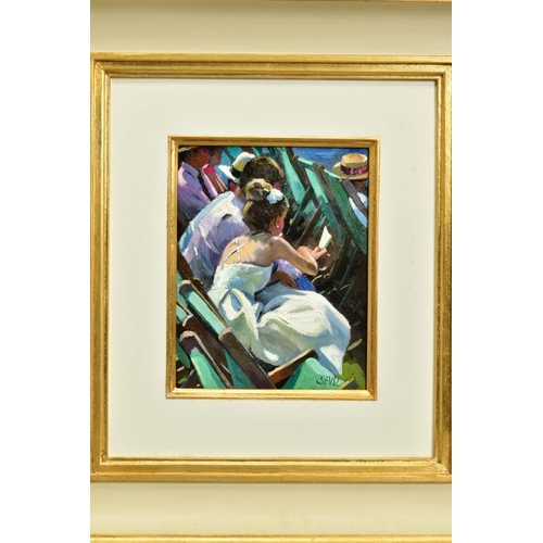 420 - SHERREE VALENTINE DAINES (BRITISH 1959) 'REGATTA AFTERNOON', figures sitting in deckchairs beside th... 