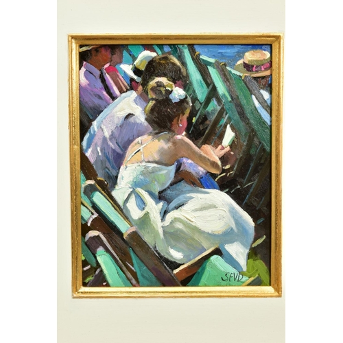 420 - SHERREE VALENTINE DAINES (BRITISH 1959) 'REGATTA AFTERNOON', figures sitting in deckchairs beside th... 