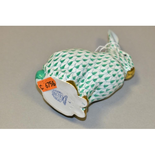 439 - A HEREND GREEN FISHNET FIGURE OF A SEATED RABBIT, model no. 5327, pale blue ears, gilt nose, mouth a... 