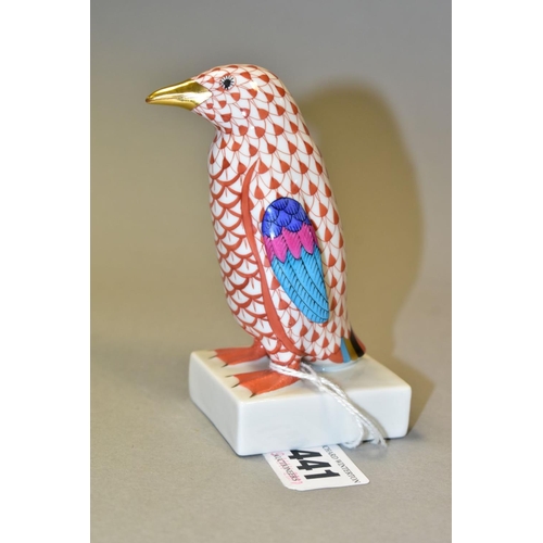 441 - A HEREND RED FISHNET FIGURE OF A PENGUIN STANDING ON A SQUARE BASE, model no. 5176, gilt beak, multi... 