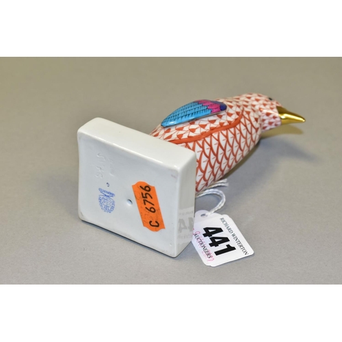 441 - A HEREND RED FISHNET FIGURE OF A PENGUIN STANDING ON A SQUARE BASE, model no. 5176, gilt beak, multi... 