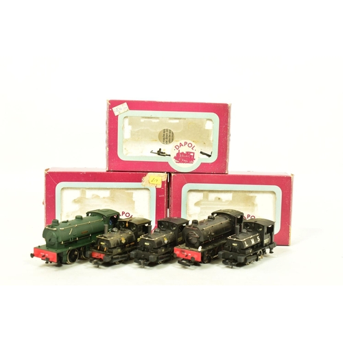 108 - FIVE BOXED DAPOL OO GAUGE TANK LOCOMOTIVES, 3 x class B7 Pug, No.11217, L.M.S. black livery  (D1), 2... 