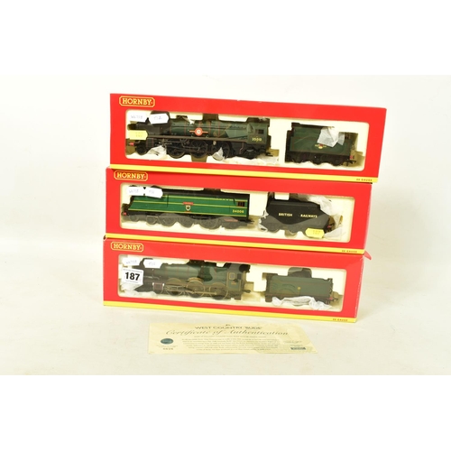 187 - THREE BOXED HORNBY RAILWAYS OO GAUGE LOCOMOTIVES, limited edition West Country class 'Bude' No.34006... 