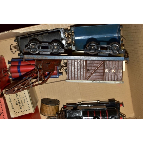 205 - A QUANTITY OF UNBOXED AND ASSORTED HORNBY O GAUGE MODEL RAILWAY ITEMS, to include No.40 tank locomot... 