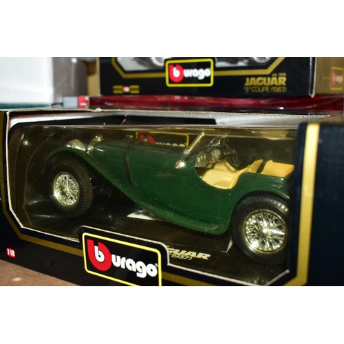 236 - SEVEN BOXED ASSORTED MODERN DIECAST BRITISH CAR MODELS, all 1:18 scale Bburago 1937 Jaguar SS100, 19... 