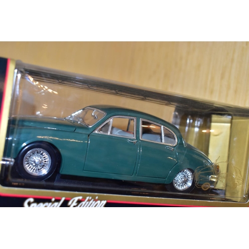 236 - SEVEN BOXED ASSORTED MODERN DIECAST BRITISH CAR MODELS, all 1:18 scale Bburago 1937 Jaguar SS100, 19... 