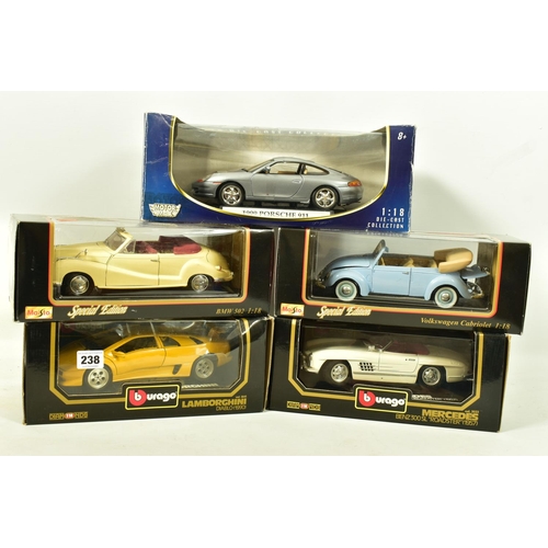 238 - FIVE BOXED ASSORTED MODERN DIECAST EUROPEAN CAR MODELS, all 1:18 scale, Bburago 1957 Mercedes Benz 3... 