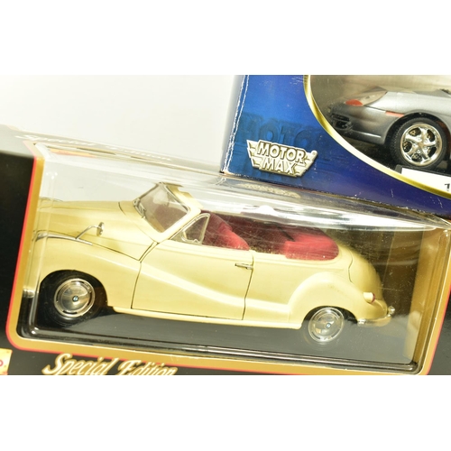 238 - FIVE BOXED ASSORTED MODERN DIECAST EUROPEAN CAR MODELS, all 1:18 scale, Bburago 1957 Mercedes Benz 3... 