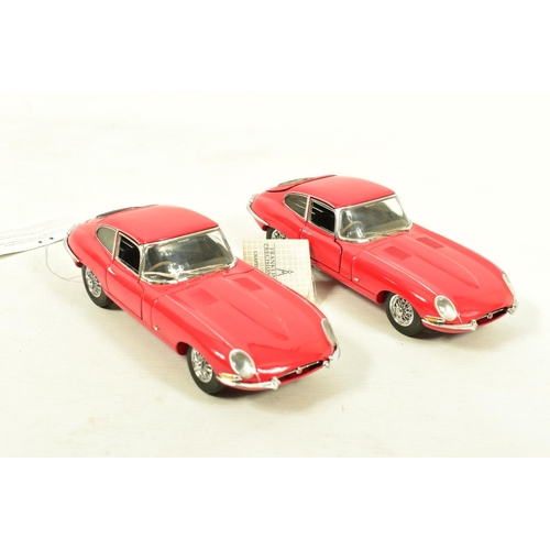 241 - TWO BOXED FRANKLIN MINT 1961 JAGUAR E-TYPE COUPE, 1/24 scale both in red and complete with swing tag... 