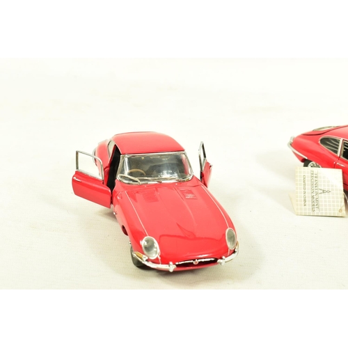 241 - TWO BOXED FRANKLIN MINT 1961 JAGUAR E-TYPE COUPE, 1/24 scale both in red and complete with swing tag... 