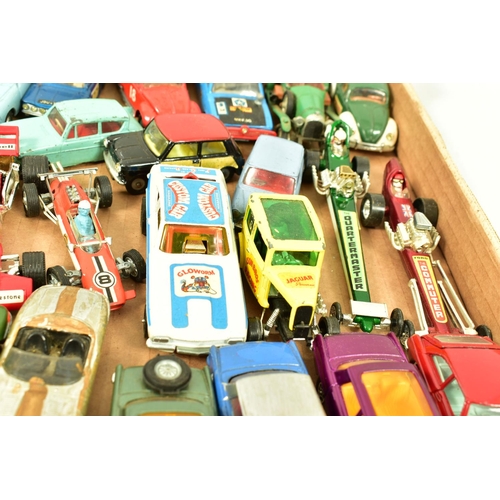 243 - A QUANTITY OF UNBOXED AND ASSORTED PLAYWORN DIECAST CARS, majority date from the 1960's and 1970's, ... 